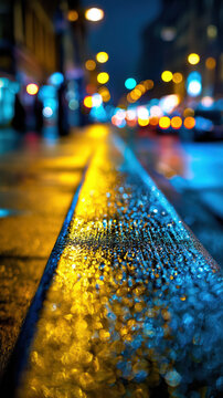 Rain wet city curb reflecting blue yellow urban lights at night with colorful bokeh background creating atmospheric street scene focused on water droplets pavement texture nightlife