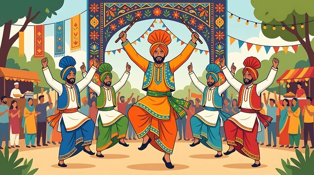 Men performing traditional bhangra dance at punjabi harvest festival