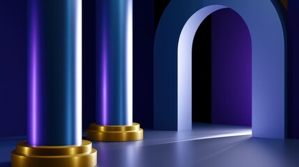 Fototapeta premium Elegant columns and archway illuminated with purple and blue, creating a serene and futuristic ambiance
