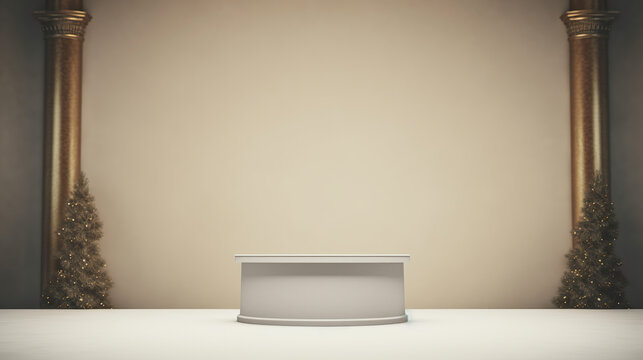 Empty Podium of Prestigious Setting: An empty, clean white podium stands centered within an elegant, classical hall, framed by ornate golden pillars and decorative greenery.