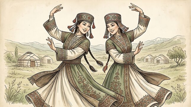 Two women in traditional central asian attire dancing near yurts