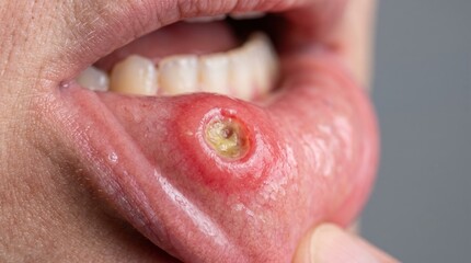 Fototapeta premium Severe aphthous ulcer and painful canker sore on inside of lower human lip
