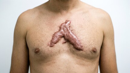 Naklejka premium Large hypertrophic keloid scar after surgery on adult male chest skin