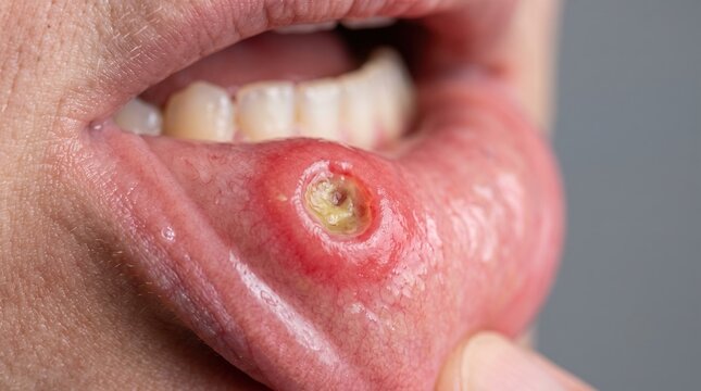 Severe aphthous ulcer and painful canker sore on inside of lower human lip