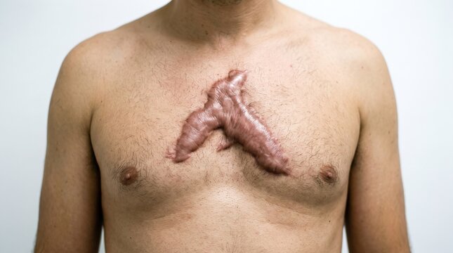 Large hypertrophic keloid scar after surgery on adult male chest skin