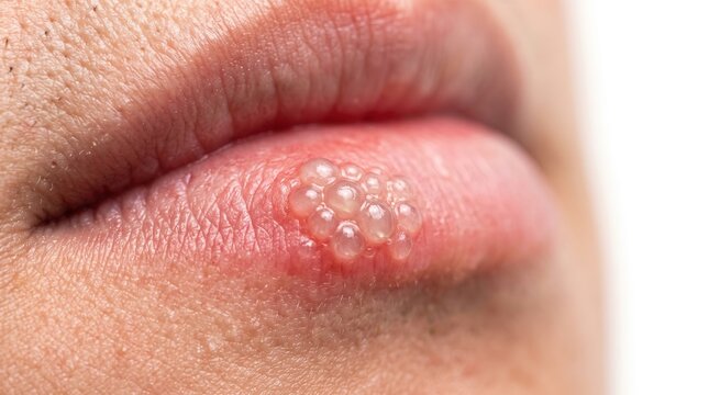 Macro closeup of herpes simplex virus blister cluster on female human lip