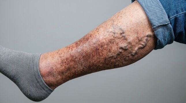 Chronic venous insufficiency showing varicose veins and stasis dermatitis on elderly leg