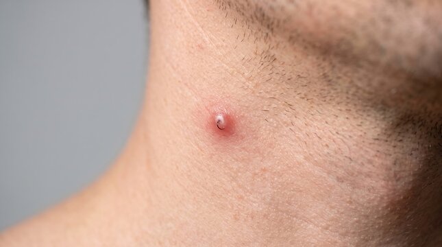Close up macro shot of inflamed ingrown hair bump with pus on male neck skin