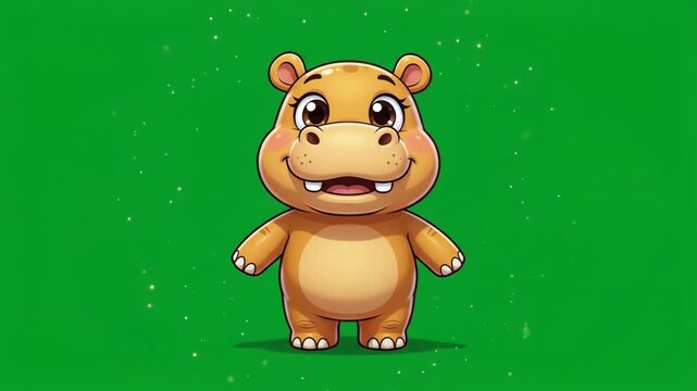 Adorable Cartoon Hippo Character with Big Eyes and Friendly Smile on Green Background, Children's Book Illustration, Fun Animal Mascot for Educatio...
