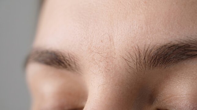 Macro photograph of unibrow stray hairs growing between eyebrows above nose bridge