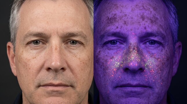 Split view comparison of male face under natural light and UV skin scanner showing sun damage