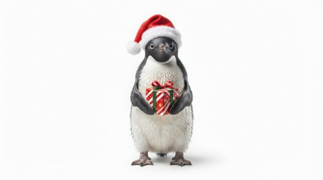 Christmas penguin wearing Santa hat holding gift box, festive holiday bird on white background, cute winter animal with present