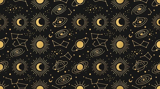 Golden celestial seamless pattern with moon sun and stars