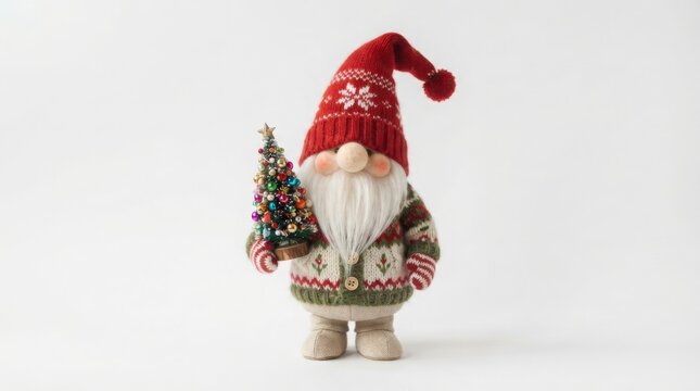 Scandinavian Christmas gnome figurine holding small tree, festive gonk plush toy with red hat, holiday dwarf decoration on white background