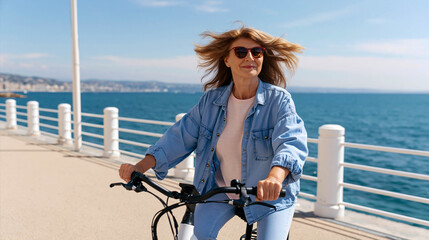 Fototapeta premium A happy elderly woman is cycling along the seafront promenade on a sunny day, enjoying outdoor activities, freedom, and a healthy lifestyle in her later years.