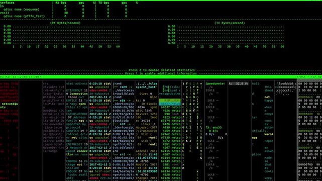 Linux Command Line Interface with Server System Data and Network Monitoring Screen