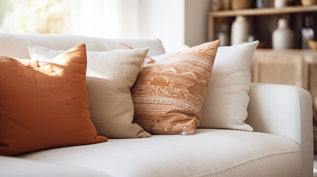 Cozy Corner Comfort: A plush white sofa adorned with four inviting throw pillows in warm, earthy tones, offering a serene and inviting atmosphere for relaxation.