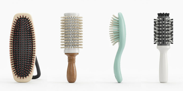 Collection of four different hair brushes with various bristles on white surface