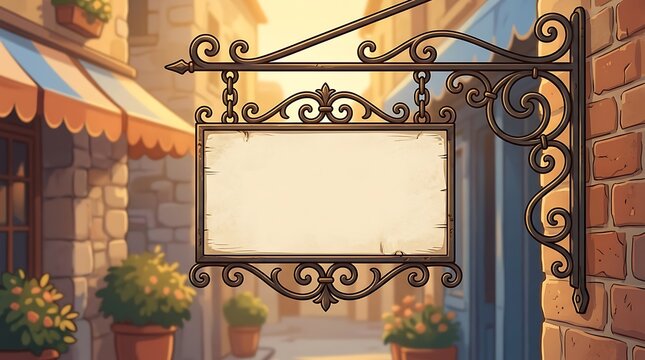 Blank vintage shop sign hanging from a wrought iron bracket