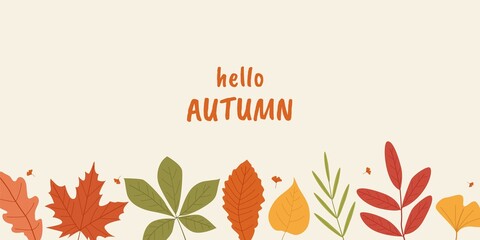 Autumn poster with beige background, decorative leaves, and Hello Autumn text. Cozy seasonal illustration perfect for fall design © Lipitorika