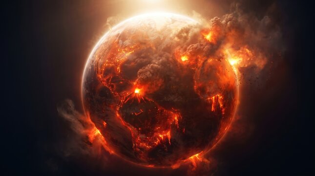 Burning Earth planet undergoing apocalyptic global destruction
