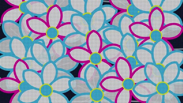 Neon floral pattern with digital glitch effect motion background