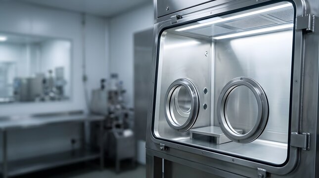 sterile pharmaceutical isolator chamber with integrated glove ports for aseptic processing, contamination control and cleanroom drug production
