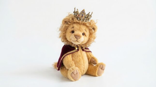 Vintage lion teddy bear wearing gold crown and royal velvet cape. Antique plush lion king toy. Handcrafted stuffed animal on white background.