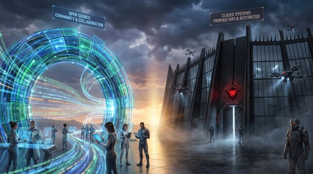 Open source versus proprietary closed systems futuristic concept