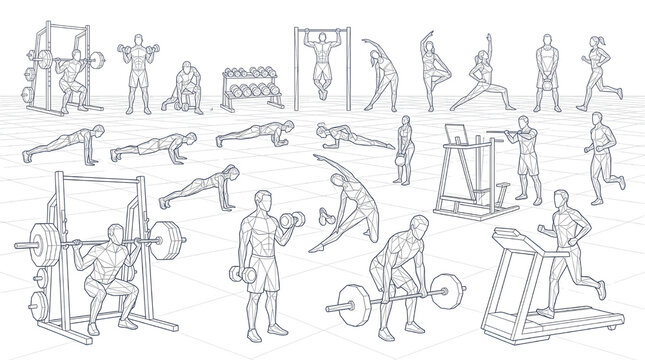 Gym Workout, Fitness Exercise and Line Art Training Collection