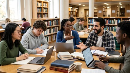 Obraz premium Diverse college students collaborating on a group project in a library