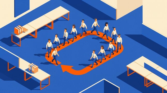 Office crowd follows a circular arrow back to its starting point