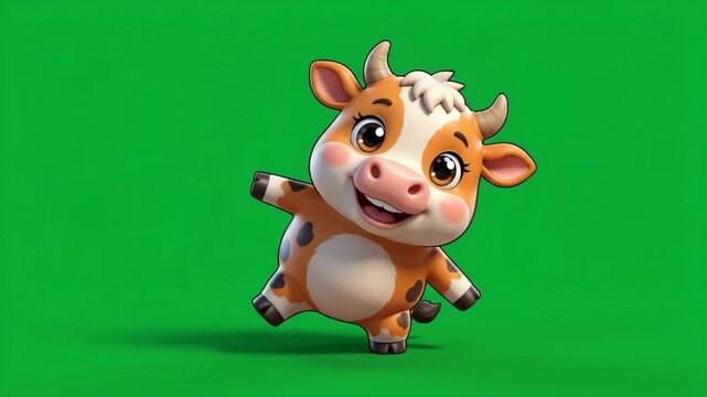 Cute Cartoon Baby Cow Character Dancing Joyfully on Green Screen Background for Animation and Children's Content