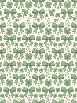 Seamless vintage pattern with green bows and lucky clovers