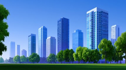 Fototapeta premium Urban skyline with modern high-rise buildings and lush green trees under a clear blue sky