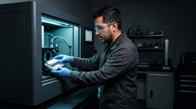 Technician verifies machined component at an optical inspection cell
