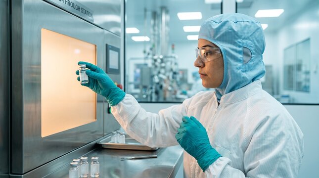 Quality specialist inspects sterile medicine containers in cleanroom
