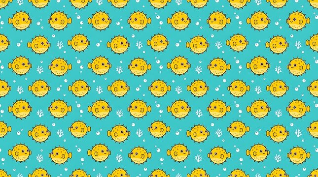 Seamless pattern with cute yellow cartoon pufferfish on teal