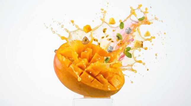 Fresh mango fruit splash with juice droplets, tropical mango cubes with liquid explosion, vibrant fruit juice motion on white background