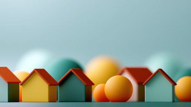 Colorful miniature houses and spheres create a whimsical, abstract composition against a blue backdrop