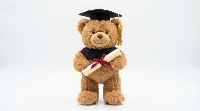 Graduation teddy bear with mortarboard and diploma. Cute stuffed animal graduate in cap and gown. Plush toy student celebrating academic success.