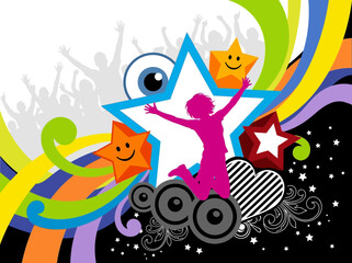 Obraz premium Vibrant Pop Art Party Illustration with Jumping Girl Silhouette and Rainbows