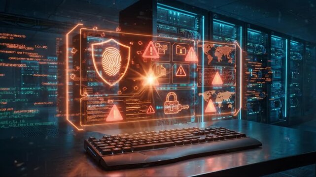 Cybersecurity data protection digital security with holographic interface and keyboard in server room featuring network security alerts and advanced computer system technology