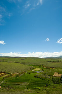 Madagascar, Inland, landscape of hills and la rice fields