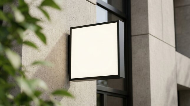 Beige concrete wall outdoors featuring a square light box empty display mock up