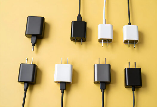 Of various black, white, and gray usb wall chargers with cables on a yellow background