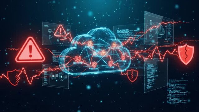 Cloud computing security threat warning with digital cloud icons, data breach risk, cyber attack visualization, and cybersecurity concept featuring digital shield, data protection, and network
