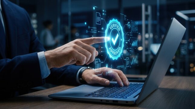Digital document validation and quality assurance concept with data icons and a checkmark symbol overlaid on a businessman using a laptop in a futuristic interface.