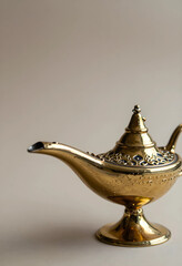 Fototapeta premium Golden magic lamp with intricate details, a symbol of wishes, dreams, and fantasy, isolated on a neutral background