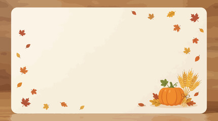 Fototapeta premium Greeting card template decorated with a pumpkin and wheat stalks lies on a wooden background.